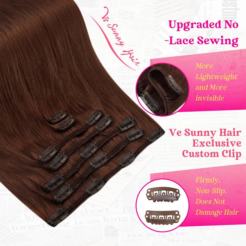 Ve Sunny Human Hair Clip in Extensions Double Weft Dark Auburn Red Remy Hair Extensions for Women Thick Hair Extensions Clip ins Short 7pcs 105g 14 inch - Image 4